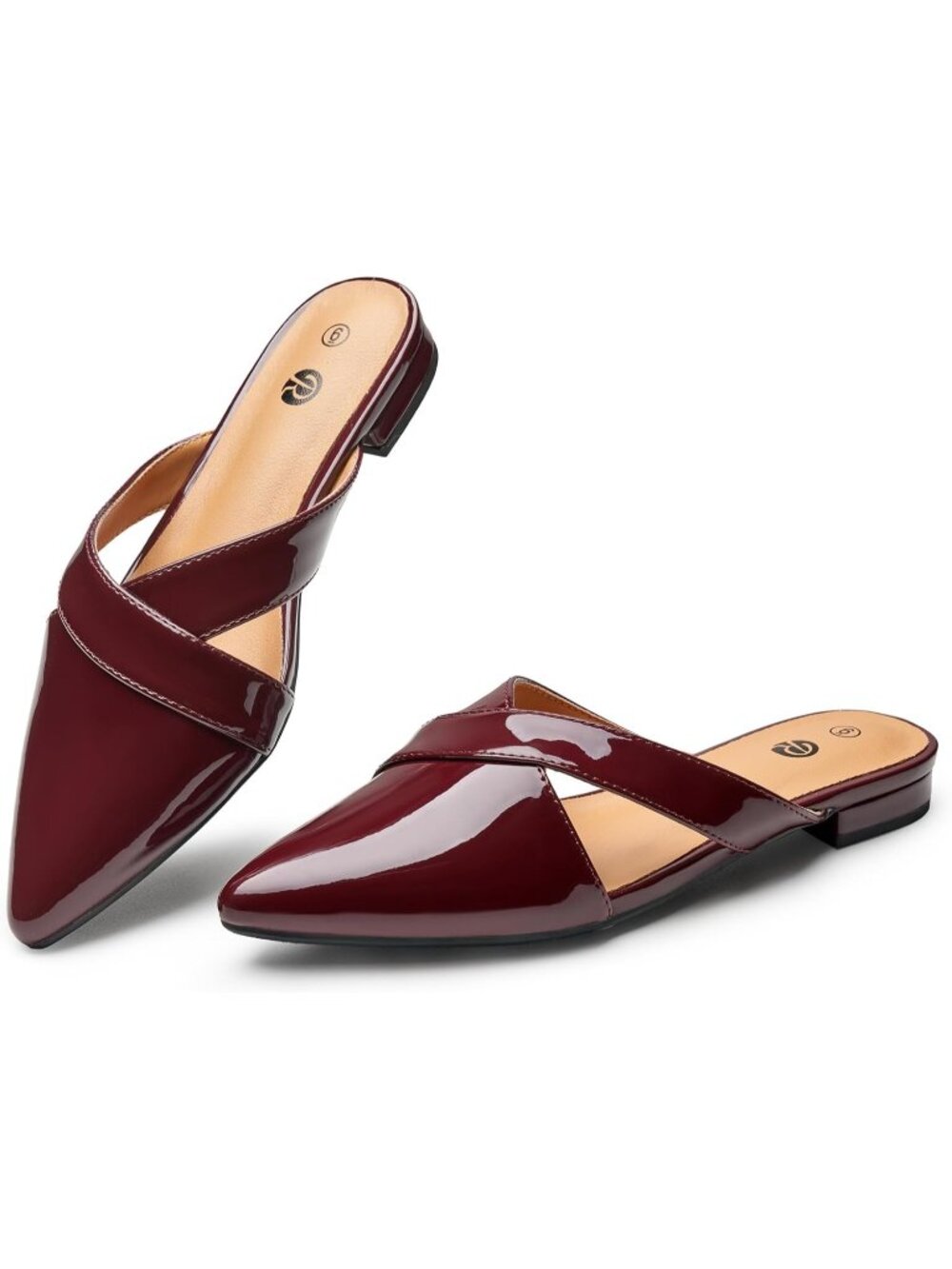 Women Patent Burgundy Closed Pointed Toe Pull On Backless Soft Suede Mules Flats